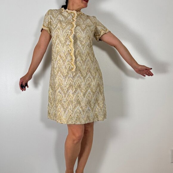 Vintage Dresses & Skirts - Vintage 60's Gold & Silver Mod Dress - Size M